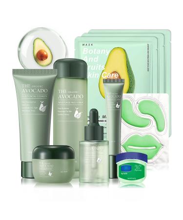 10 Pcs Avocado Skin Care Set with Facial Cleanser Toner Face Serum Face Cream Eye Cream Moisturizing Lip Balm Under Eye Patch and Lip Mask Hydrating Face Sheet Masks Skin Care Facial Kit for Women