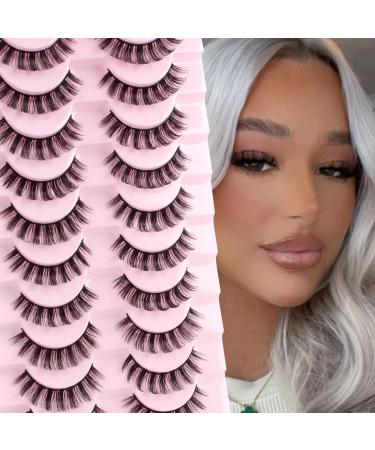 Glowingwin Russian Strip Lashes that Look Like Extensions Volume D Curl Hybrid Strip Lashes Natural 10 Pairs Pack False Eyelashes 3D Curly Faux Mink Fluffy Fake Eye Lashes Russian Lashes-SJ21