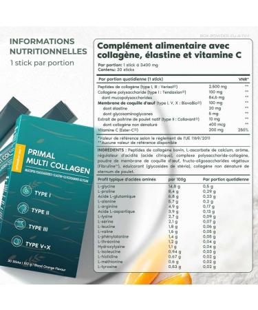 Primal Harvest Set of 30 collagen sticks with collagen peptides type I II III IV and X in convenient food supplement packages taste: blood orange  - Buy Online on GoSupps.com