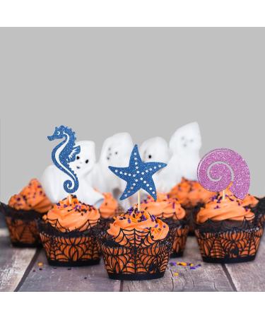 Kaakswa 24 Pcs Ocean Sea Anima Theme Cupcake Topper Glittery Seahors Starfish Cupcake Toppers Set for Under The Sea Birthday Party Blue&purple - Buy Online on GoSupps.com