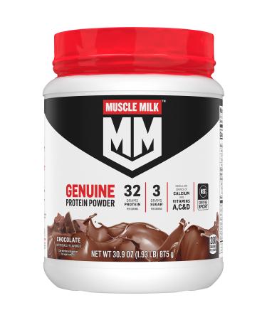 Muscle Milk Genuine Protein Powder  Chocolate  1.93 Pounds  12 Servings  32g Protein  3g Sugar  Calcium  Vitamins A  C & D  NSF Certified for Sport  Energizing Snack  Packaging May Vary Chocolate 1.93 Pound (Pack of 1)