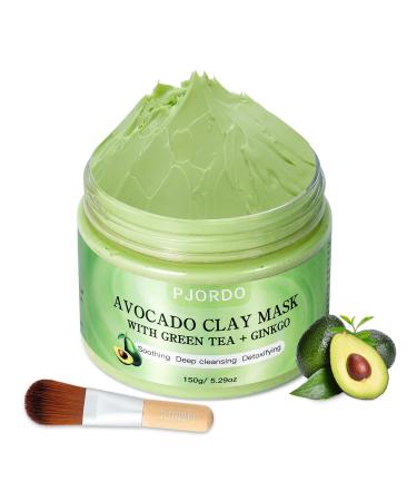 Pjordo Avocado Clay Mask  Green Tea Clay Mud Mask  150g/5.29 Oz Skin Care Detox Face Mask with Mask Brush for Deep Cleansing  Oil Control  Anti-Acne  Refining Pores  Soothing  Nourishing