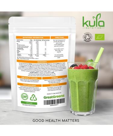 GreatGreens Organic Greens Superfood Powder - 150g - 36 Raw Soil Association Certified Organic Food Form Ingredients - Nutritious Organic Greens Supplement - High Fibre Daily Greens Smoothie Drink - Buy Online on GoSupps.com