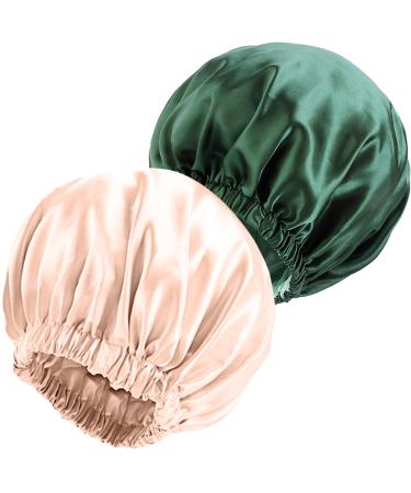 NIXISWAG 2PCS Silk Bonnet Sleep Cap for Curly Hair-Silk Hair Wrap for Sleeping-Bonnet for Women-Satin Bonnet and Hair Cap-Bonnets-Stylish Hair Bonnet with Elastic Band 1-Green & 1-Peach Pink
