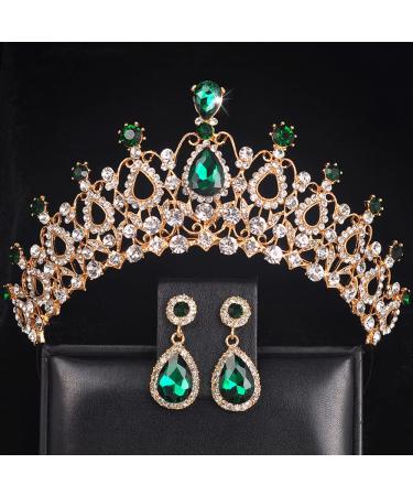 JWICOS Baroque Emerald Green Princess Queen Crown Earrings Set for Women and Girls Elegant Crystal Tiara Women Crown for Halloween Birthday Girls Prom Halloween Bridal Party (Emerald Green)