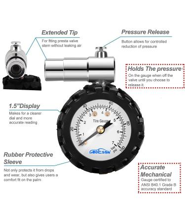 Buy Godeson Bicycle Tire Manometer - 100 PSI/7 Bar Pressure Meter for Presta Valves | Ideal Racing Bike Accessory - No Batteries Required - Buy Online on GoSupps.com
