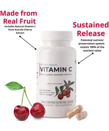 OPTIVIDA Vitamin C with Organic Acerola Cherry Extract - Vegan Immune Support Supplement - Buy Online on GoSupps.com