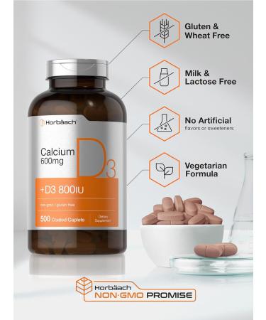 Horbaach Calcium Supplement for Women and Men | 600 mg | 500 Coated Caplets | with Vitamin D3 | Non-GMO & Gluten Free - Buy Online on GoSupps.com