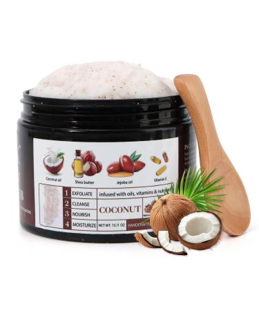 Shining Buddy Coconut Body Scrub Exfoliator with Natural Ingredients Exfoliating Body Scrub for Women Pure Oils and Dead Sea Salt Minerals Moisturizing and Nourishing Skin(16.9oz)