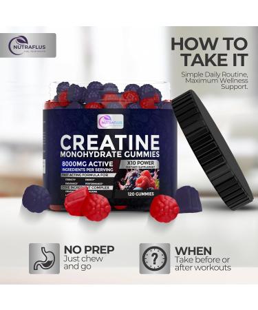 NUTRAFLUS Creatine Monohydrate Gummies Berry Flavored Creatine Supplements for Women and Men 120Pcs Pre Workout Gummies with BCAA Taurine Vitamin B12 - Promote Energy Boost Performance - Buy Online on GoSupps.com
