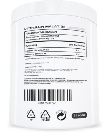 L-Citrulline Malate 2:1 - 500g High Dose | Boost Nitric Oxide & ATP Production | Aceus Nutrition - Made in Germany - Buy Online on GoSupps.com
