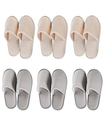 OSTADARRA 6 Pairs Spa Slippers, Non Slip Disposable Slippers For Guest, Washable Reusable, Which Can Be Used As Women Men, House, Indoor, Bathroom, Bedroom, Hotel, Bride Slippers 3 Beige L and 3 Gray L
