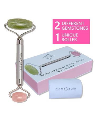 GEM PWR Rose Quartz + Jade Roller for Face and Neck Massage - Dual Gemstones with Steel Handle and Travel Bag for Minimizing Wrinkles and Puffiness, Restoring Skin's Elasticity and Radiance - Buy Online on GoSupps.com