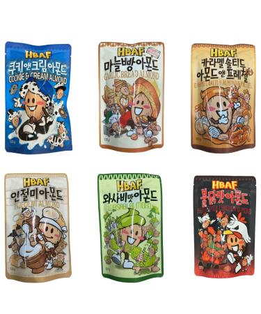 6 -way package HBAF Almonds - Korean almonds - 6x120g - tastes: Wasabi Salted Caramel Pretzel Cookie Garlic Bread Pepperoni Chicken & Korean Mochi + Heartforcards shipping protection