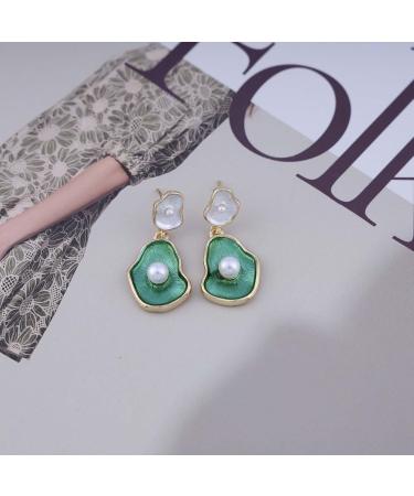 Vintage Green Lotus Leaf Pearl Drop Earrings - Enamel Flower Jewelry for Women - Buy Online on GoSupps.com