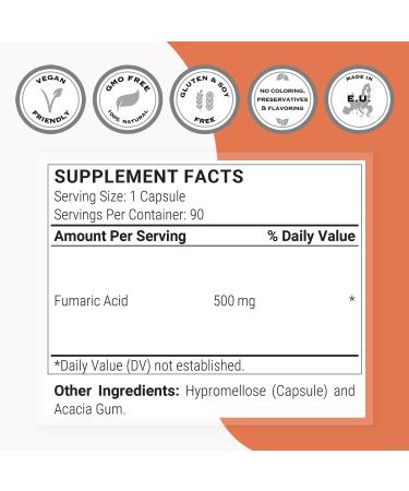 Supersmart - Fumaric Acid 500mg per Day (Maximum Strength) - Natural Supplement | Non-GMO & Gluten Free - 90 Vegetarian Capsules - Buy Online on GoSupps.com