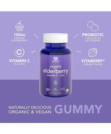 Sports Research Elderberry Gummies with Vitamin C, Zinc & Probiotics | USDA Organic, Vegan & Non-GMO (120 Gummies) - Buy Online on GoSupps.com