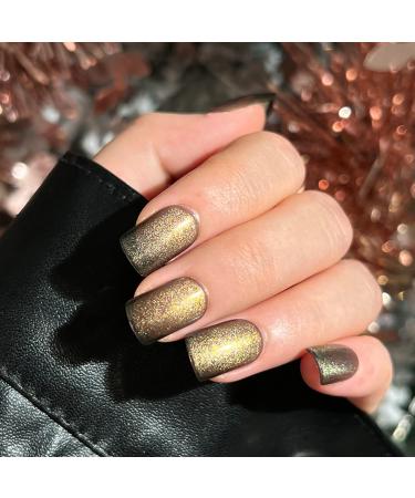 Gold Press on Nail Short  Soft Gel Cat Eye Fake Nail Reflective Glitter Full Cover False Nail for Actylic Nail Sticker on Nail with Glue 24Pcs Artificial Nails(gold)