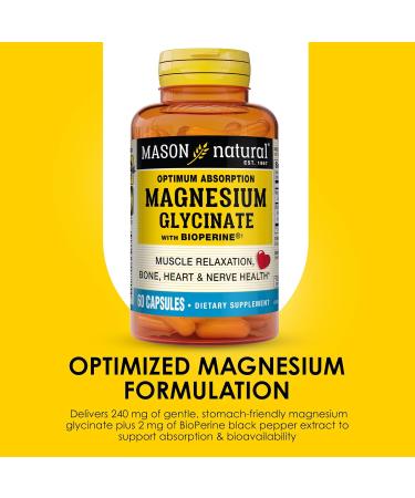 MASON NATURAL Optimum Absorption Magnesium Glycinate with Bioperine 240 mg 60 Capsules Gentle on Stomach Soy Free - Buy Online on GoSupps.com