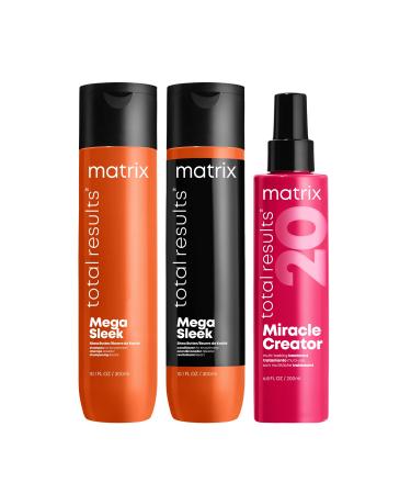 Matrix Mega Sleek Shampoo Conditioner & Miracle Creator Set | Controls Frizz Leaving Hair Smooth & Shiny | Nourishes with Shea Butter | For Dry Damaged Hair | Salon Routine | Packaging May Vary