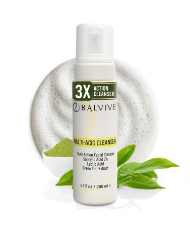 BALVIVE Foaming Facial Cleanser with Salicylic Acid Glycolic Acid & Lactic Acid & Green Tea Extract Face Wash for Acne Oily & Sensitive Skin Makeup Remover & Pore-Cleansing Skincare 6.7 fl oz