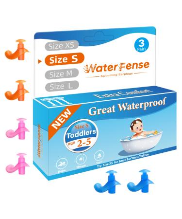 Ear Plugs for Toddlers  WaterFense Great Waterproof Ear Plugs for Swimming Toddler - 3 Pairs Comfortable Soft Silicone Shower Ear Plugs Size S: Toddles 2-5years Old & Small Ear Teens Kids (Blue Orange Pink)