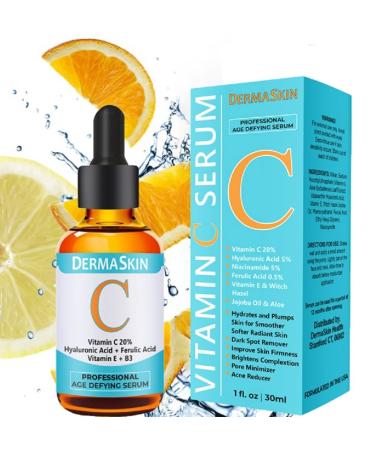 Vitamin C Serum for Face with Hyaluronic Acid  Ferulic Acid Anti Aging Serum | Pore Minimizer  Acne Scars  Dark Spot Remover for Face 20% Vit C facial serum DermaSkin by UMB Natures Journey (1 OUNCE 30ML)