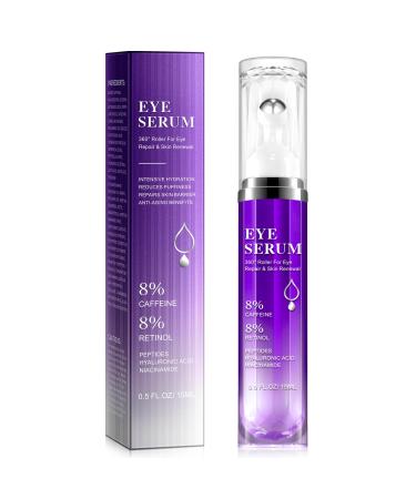 Eye Treatment Serum - 8% Caffeine & Retinol Hyaluronic Acid Niacinamide Peptides - Cream for Dark Circles Puffy Eyes Fine Lines - 360 Eye Roller Massage Ball Included 0.5 fl. oz