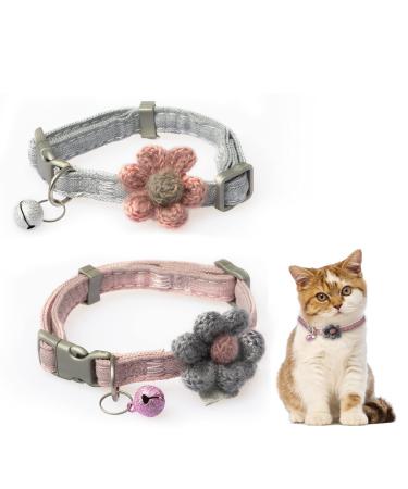 GOUHRRY 2 Pack Cat Collars with Bells, Kitten Collar with Handmade Six Petals Flowers Collars Charms Kitten Collar Adjustable Breakaway Cat Dog Collar, Cute Flower Patterns Safety Collars (Gray+Pink)