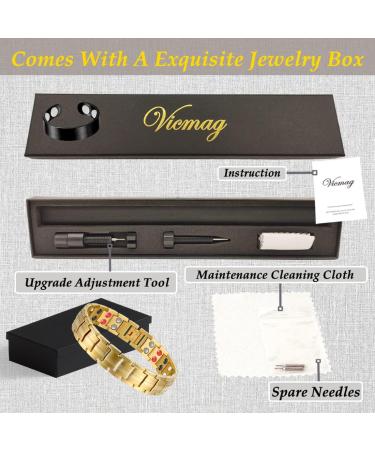Vicmag Men Magnetic Bracelet - Titanium Steel Double Row 3500 Gauss Wristband with Adjustment Tool and Gift Box - Gold 4 Elements - Buy Online on GoSupps.com