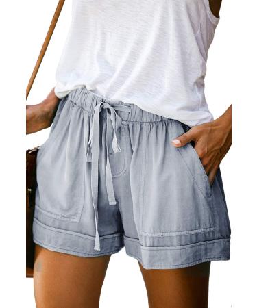 Mosucoirl Women Comfy Drawstring Casual Elastic Waist Pure Color Shorts Summer Beach Lightweight Short Pants with Pockets Medium 1 Light Blue