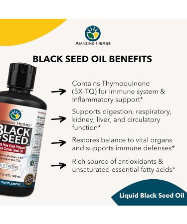 Amazing Herbs Egyptian Black Seed Oil - Gluten Free, Non GMO, Cold Pressed Nigella Sativa Aids in Digestive Health, Immune Support, Brain Function, Mild Flavor - 32 Fl Oz - Buy Online on GoSupps.com