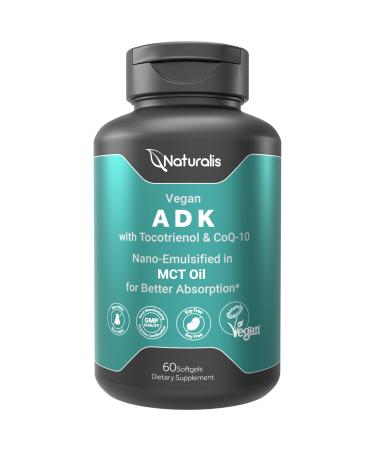 Naturalis Vegan Vitamin ADK with 50mg Tocotrienol and CoQ-10 | Nano-Emulsified in EVOO for Better Absoprtion | Non-GMO Soy Free and Vegan Society Certified | 60 Veggie Softgels (Carrageenan Free) 60 Count (Pack of 1)