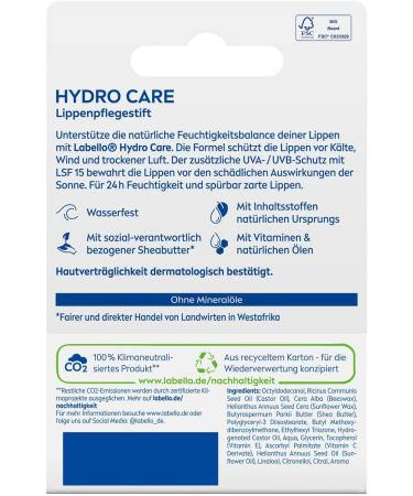 Labello Hydro Care Lip Balm SPF 15 - Moisturizing Mineral Oil-Free Shea Butter & Natural Oils for 24h Hydration (5.5 ml) - Buy Online on GoSupps.com