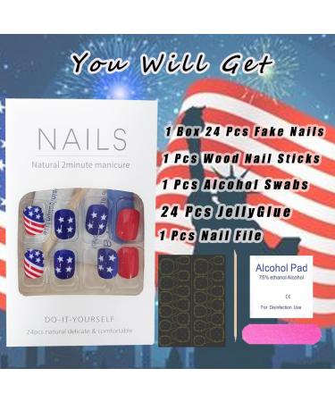 4th of July American Flag Press On Nails - Short Square Full Cover Glossy False Nails for Women and Girls - Buy Online on GoSupps.com