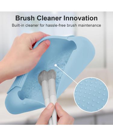 Travel Makeup Brush Holder | Silicone Portable Cosmetic Brushes Organizer with Built-in Cleaner | Upgrade Travel Essentials Case (Sky Blue - Buy Online on GoSupps.com
