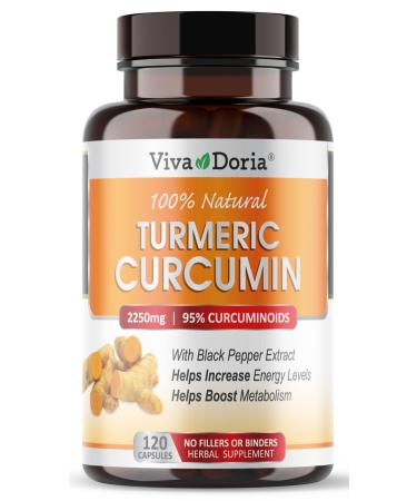 Viva Doria Turmeric Curcumin with Black Pepper Extract 2250mg 95% Standardized Curcuminoids - Black Pepper for Max Absorption 120 Vegetable Capsules