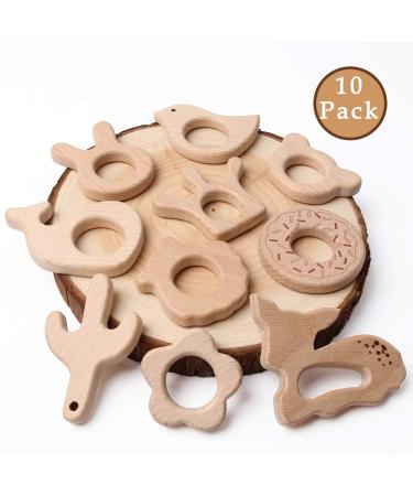 Organic Wooden Teether Toy Set - Safe Animal Pendant Design | Bulk Pack with Bunny, Whale, Bird, Bear, Crown, Shell, Flower, Cactus, Doughnut, Deer - Buy Online on GoSupps.com
