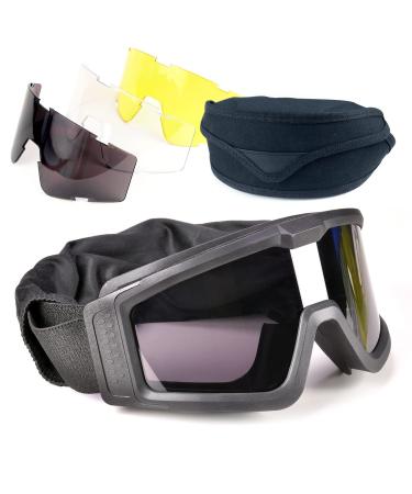 Emsecko Airsoft glasses paintball protection glasses anti-shock motorcycle glasses Ski glasses with 3 interchangeable glasses safety glasses for men and women while running cycling skiing black