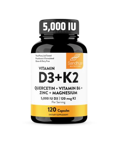 Sandhu's Vitamin D3 K2 Magnesium 5000 IU 120mcg K2 Capsules 120 Count (Pack of 1) | with VIT B6 Zinc & Quercetin | D3K2 Supports Superior Absorption Energy Immune Muscle Health for Men & Women 5000 IU Capsules 120 Coun