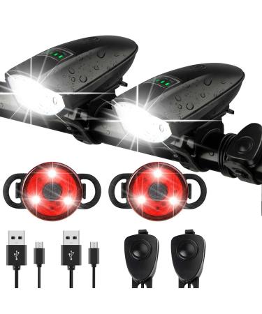Bike Lights Set with Horn 1400LM USB Rechargeable Bicycle Headlight & Tail Light & Horn Waterproof 3 Lighting Modes Fits Bicycles for Road and Mountain Black+Black