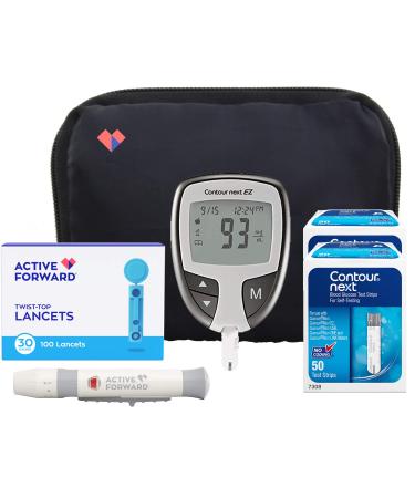 Contour Next EZ Diabetes Testing Kit | Contour Next EZ Blood Glucose Meter, 100 Contour Next Blood Glucose Test Strips, 100 Lancets, Lancing Device, Log Book, User Manuals and Carry Case