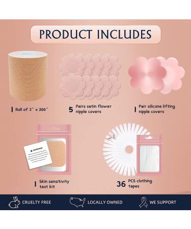 Boob Tape Set - Instant Breast Lift Solution for A-G Cups | Includes Breast Lift Tape, Satin Petals, and Silicone Nipple Stickers - Buy Online on GoSupps.com