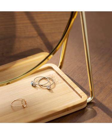 Navaris Double-Sided Vanity Mirror with Tray - 1x/2x Magnification, Bamboo Base - Gold - Buy Online on GoSupps.com