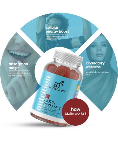 Artnaturals Biotin Gummies for Hair Growth - (100 Gummies - 10000mcg) - Natural Strawberry Vitamins Supports Nails and Skin - Gelatin, Gluten, Nut and Egg Free - Buy Online on GoSupps.com