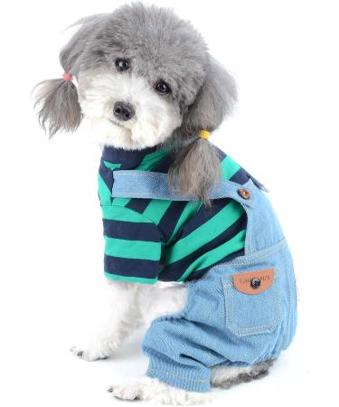 Ranphy Striped Pet Jumpsuit for Small Dogs - Cute Summer Pajamas for Chihuahuas & Yorkies - Cotton Denim Jacket in Blue & Green - XS (Chest: 30cm Back: 20cm) - International Shipping Available - Buy Online on GoSupps.com