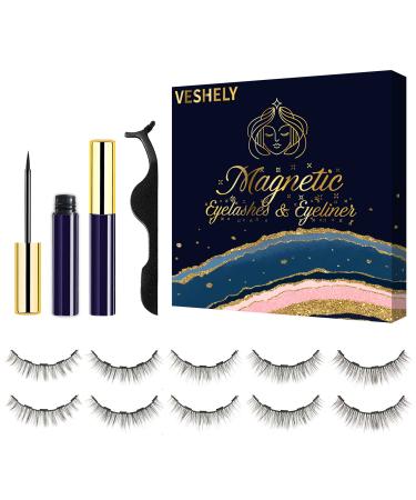 VESHELY Natural Magnetic Eyelashes with Eyeliner Kit,5 Pairs Short Small Magnetic Eyelashes Natural Look and 2 Tubes Magnetic Eyeliner Waterproof,3D False Fake Lashes Magnetic Reusable-No Glue Needed