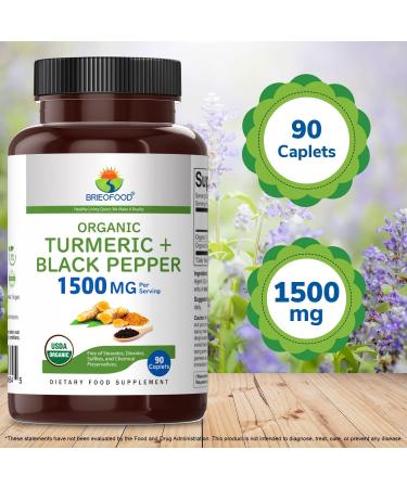 Brieofood Organic Turmeric with Black Pepper 1500mg - 45 Servings - Vegetarian - Gluten Free - 90 Tablets - Buy Online on GoSupps.com