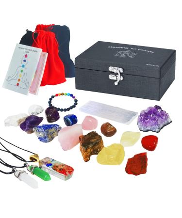 20PCS Crystals and Healing Chakra Stones Set in Gift Box, 7 Raw and 7 Tumbled Spiritual Energy Crystals, 1 Amethyst Cluster, 1 Selenite Crystal, 1 Orgonite Pendant, 2 Agate Necklaces, 1 Lava Bracelet Black Gift Box (20pcs)