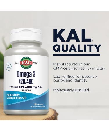 KAL Omega 3 Fish Oil 2 400 mg - 720/480 EPA DHA Supplements - Eye Brain and Joint Support Supplement - Molecularly Distilled and Lab Verified - 60-Day Guarantee - 30 Servings 60 Softgels - Buy Online on GoSupps.com
